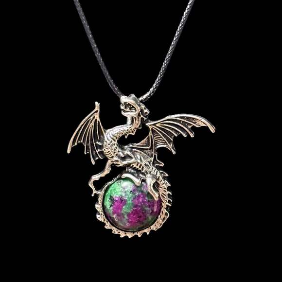 Unbranded Jewelry - Ruby Zoisite Dragon Pendant Black Cord Necklace